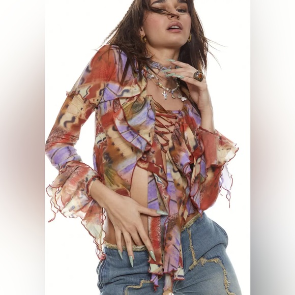 Jaded London Allele Lace Up Top Butterfly Mesh Corset Y2K Ruffle Frill Size 4 - Picture 15 of 17
